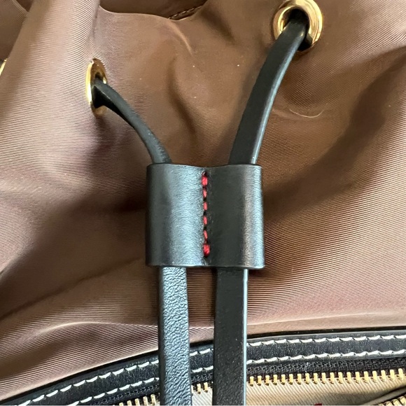 Frances Valentine Brown fabric Black leather trim Drawstring bucket crossbody - Picture 9 of 11